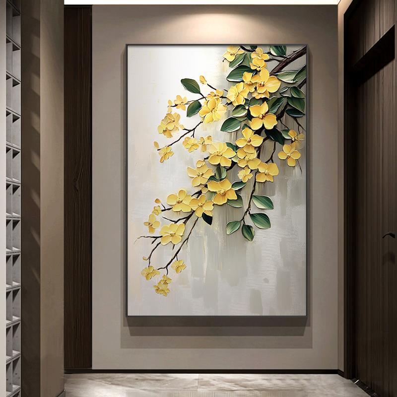 黄色杏花简约玄关装饰画抽象花卉客厅挂画高端艺术肌理感别墅壁画图片