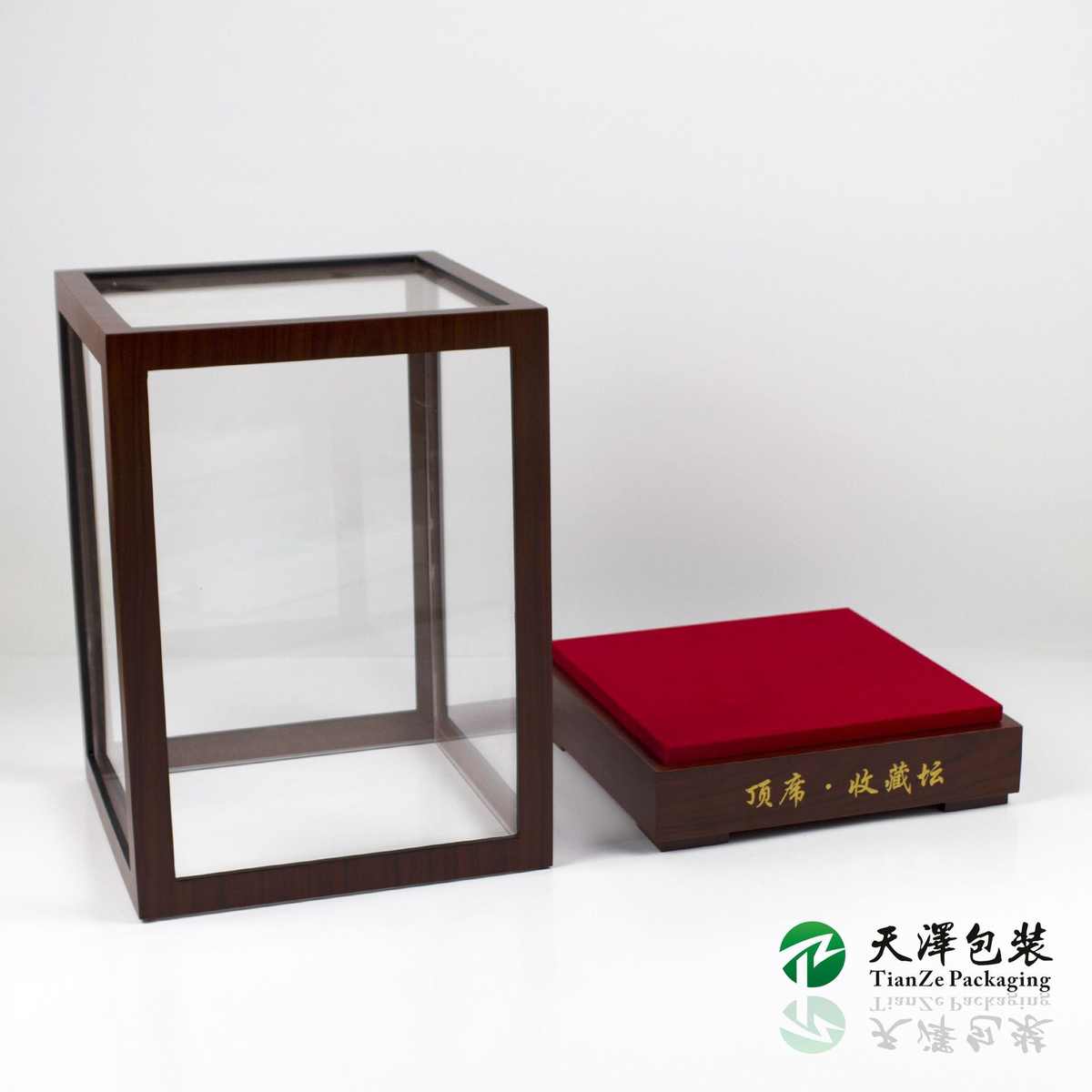 实木工艺品白酒收藏酒木盒防尘展示罩黑胡桃木底座宝笼玻璃罩定制