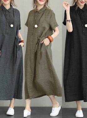 Women Cotton Linen Pocket Dress Korean O-Neck Short Sleeve L