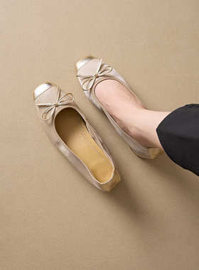 2025真皮时装鞋女国潮风蝴蝶结女单鞋子套脚纯色一脚蹬休闲羊皮鞋