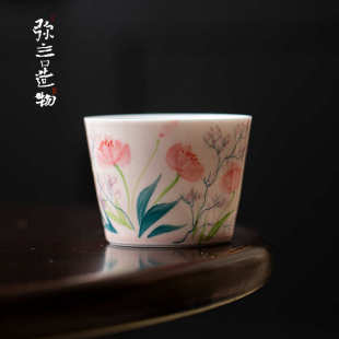弥言家用大号直筒主人杯纯手绘郁金香茶杯手工陶瓷品茗杯女士专用