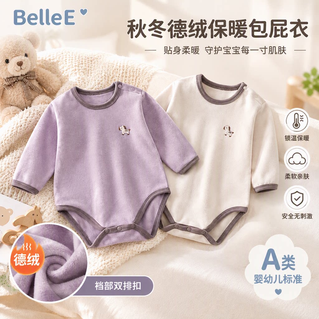 BelleE婴儿德绒包屁衣A类秋冬保暖新生儿男女宝宝长袖连体衣打底