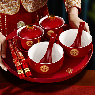 喜碗婚礼S红色碗筷对碗娘家 敬茶杯结婚陪嫁用品改口敬酒茶杯套装
