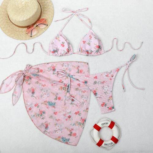 Printed bikini three piece yarn skirt split swimsuit