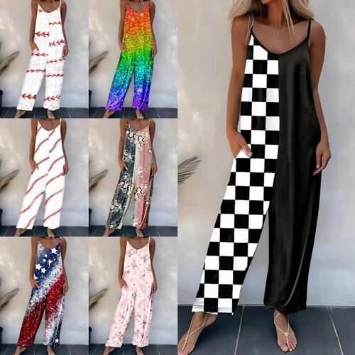 Women's suspender pants printed sleeveless jumpsuit
