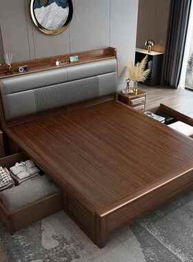 胡木床头多约功能储物床现代简新款软包床主卧1.8米83869婚桃床人