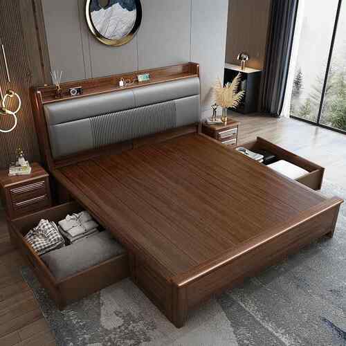 桃木床头功能储物床现代多简约新款软542#包床主床卧.米胡婚双人