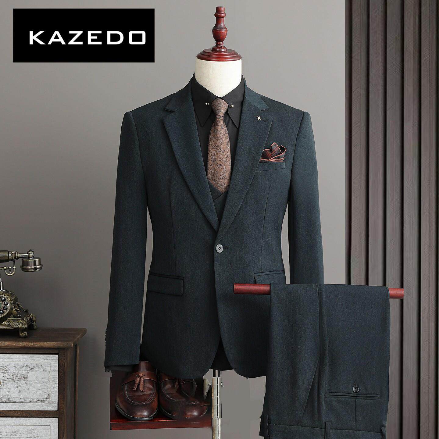 Kazedo西服套装男士商务正装新郎结婚礼服三件套英伦休闲修身西装