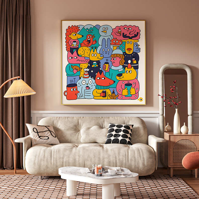 现代客厅玄关挂画背景墙卧室床头装饰画卡通小动物儿童房方形壁画图片