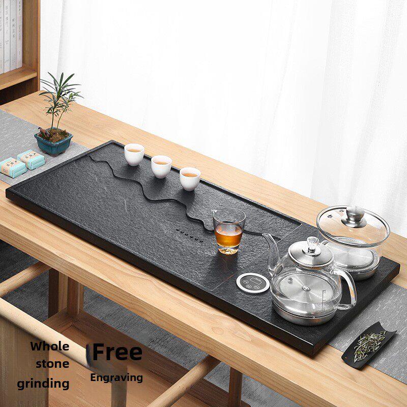 乌金石茶盘套装全自动一体电磁炉烧水茶台石头排水式茶海茶道茶具