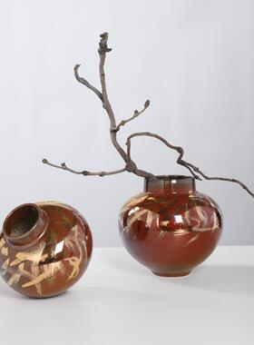 新中式复古霁红釉陶瓷花瓶宋代美学花器中古玄关客厅软装饰品摆件
