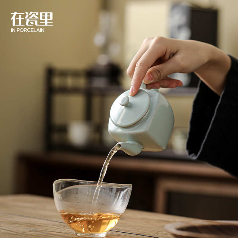 在瓷里天青汝窑四方壶家用中式小容量泡茶壶个人专用功夫茶具茶壶