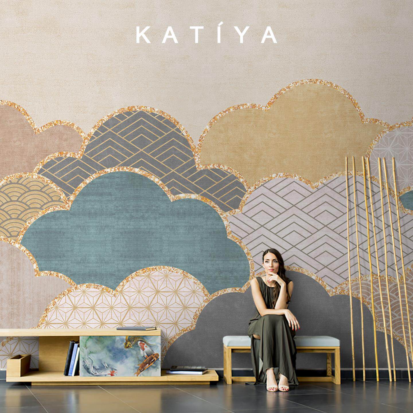 Katiya中式云朵轻奢金属墙布装饰电视背景墙客厅壁纸定制壁画 画2