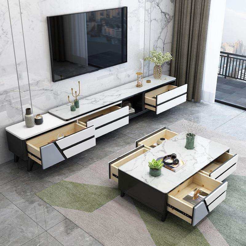 意式轻奢岩板电视柜茶几组合现代简约可伸缩家用小户型客厅落地柜