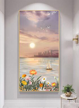 一帆风顺玄关装饰画温馨风景走廊入户挂画北欧花卉客厅背景墙壁画