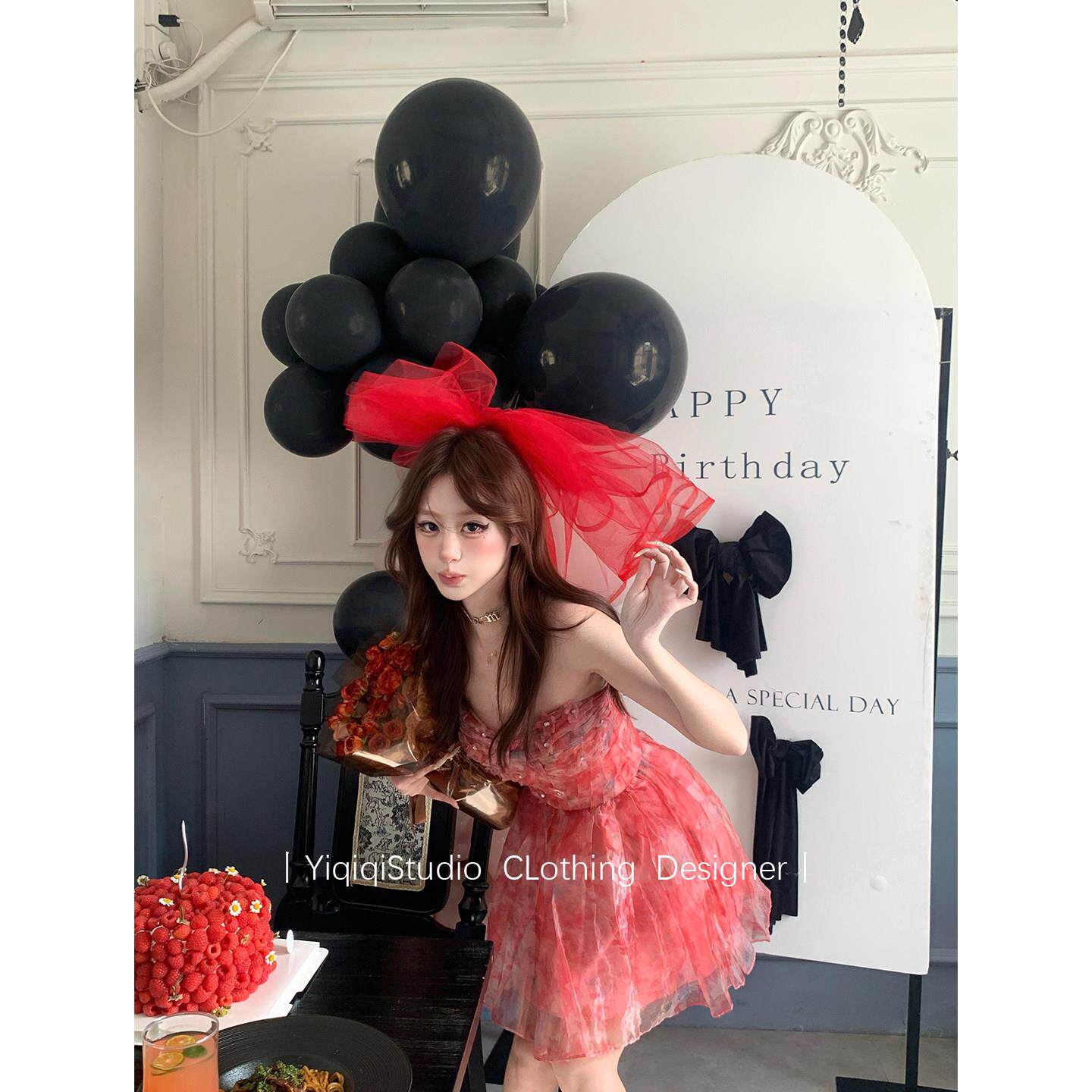 法式碎花抹胸连衣裙高级感patty生日礼裙重工钉珠系千金公主裙