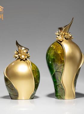 铜金岁月荷叶花瓶铜摆件花瓶插花铜雕装饰品玄关电视柜博古架铜器