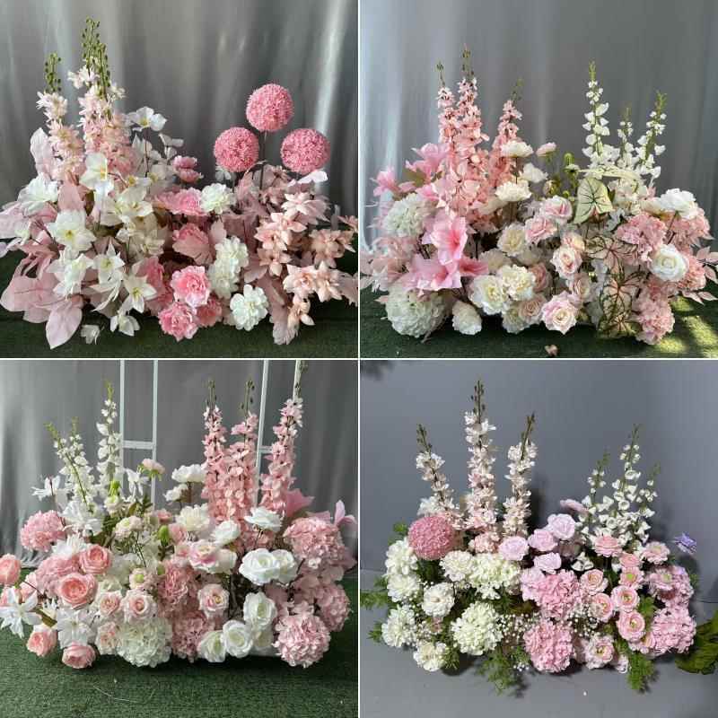 婚庆粉色系成品花排路引花婚礼堂布置地排花彷真绢花装饰婚礼花艺