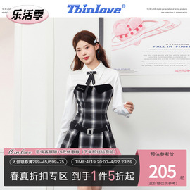 tbinlove原创设计假两件百褶短裙女夏季复古格纹连衣裙