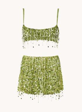 Sexy Sequins Tassel Skirt Sets Women Sling Crop Tops Hip Pac