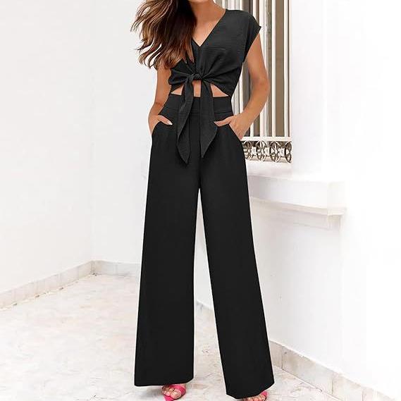 Suit Pants Leg Wide Top Cropped Drawstring Neck V Sleeve