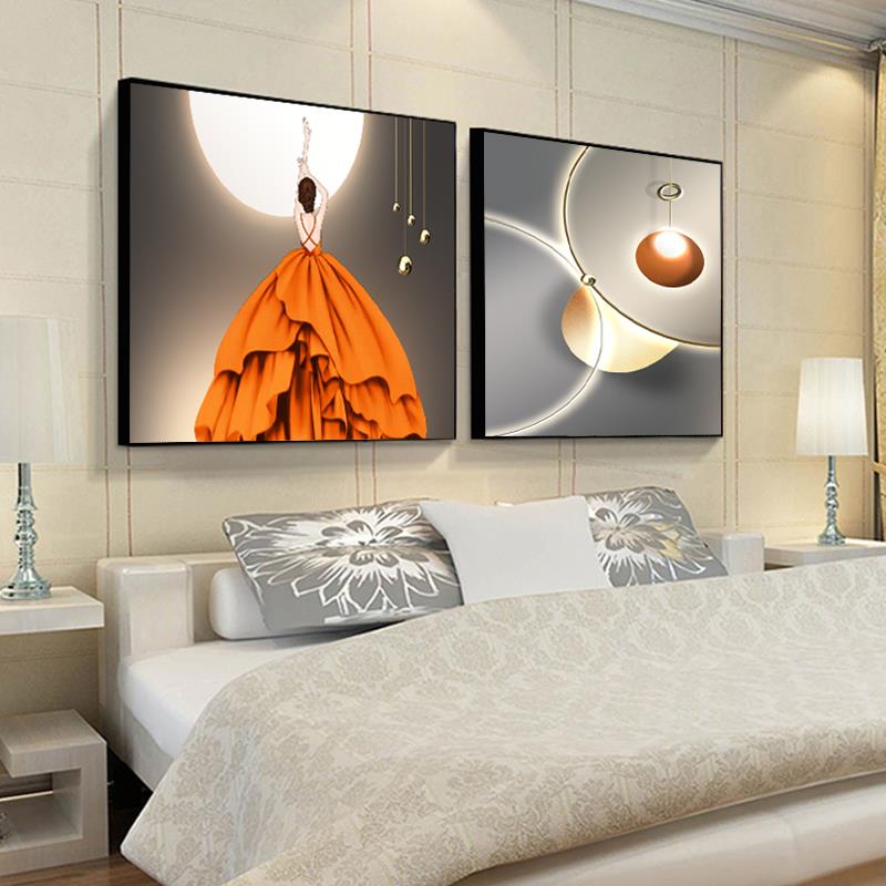 高档现代简约卧画室装饰床头画挂北欧温馨主卧房间壁画酒墙店双联