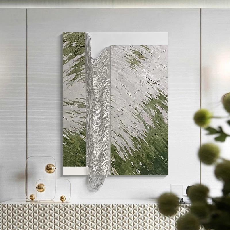 现代简约客厅挂画高档立体皮雕装置画抽象手绘肌理油画玄关画竖版