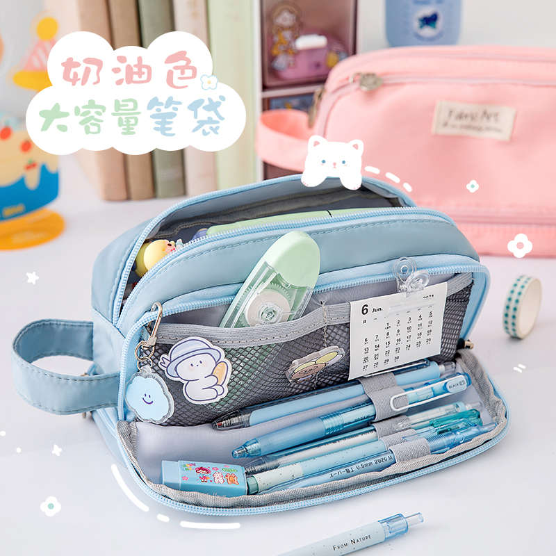 三年二班大容量奶油色笔袋学生帆布文具袋可爱铅笔盒纯色文具盒k