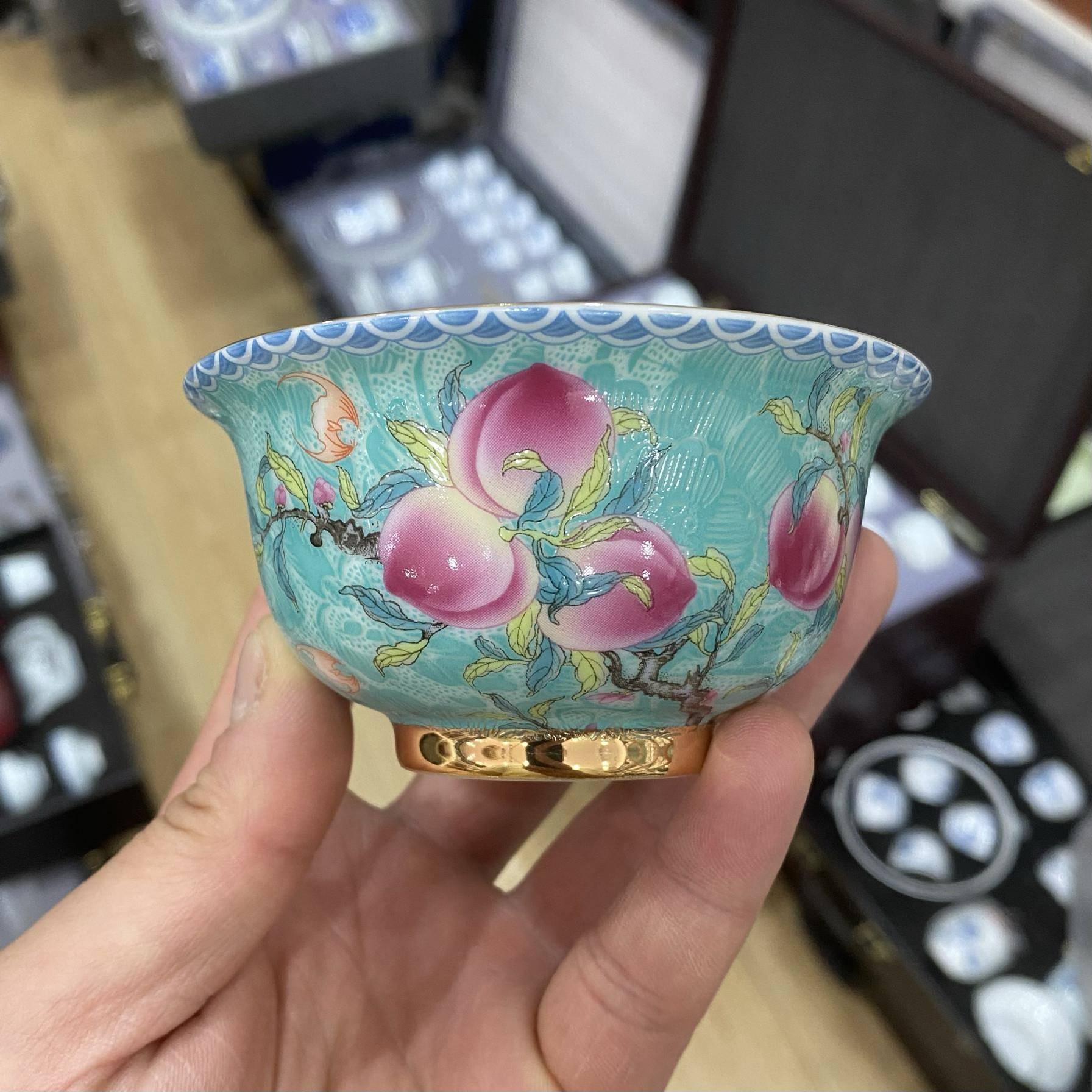 景德镇珐琅彩寿桃茶杯主人杯单杯个人专用功夫茶盏压手杯品茗杯子