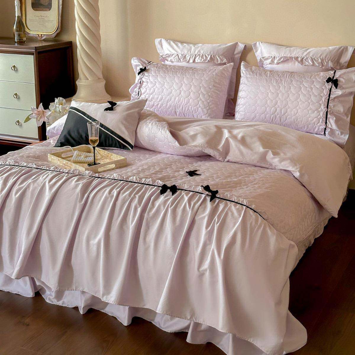 柔软全棉四件套浪漫爱心绗缝荷叶边被套床单床盖款床上用品