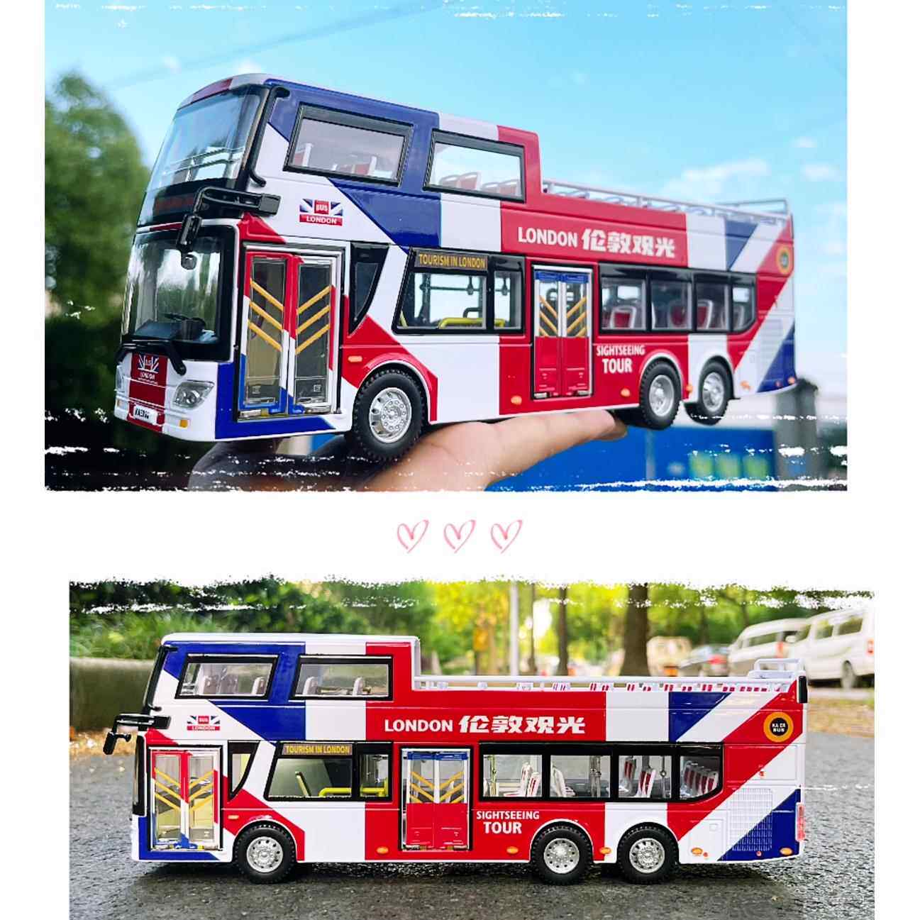 新款1:42香港纪念版双层敞篷观光巴士灯光滑行精品合金公交车模型