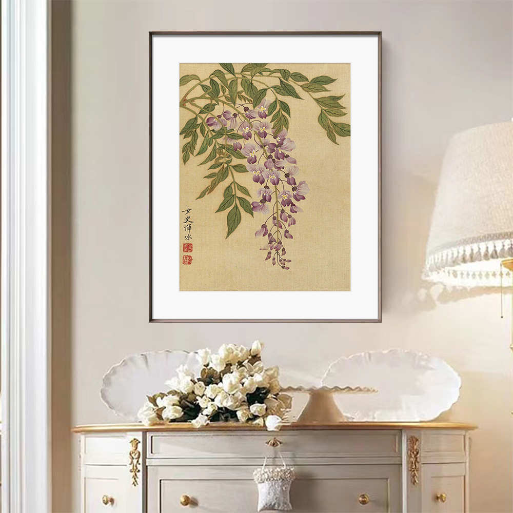 新中式国画装饰画书房卧室壁画古风花卉客厅玄关方形挂画图片