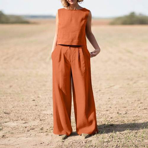 Large size women's pants set cotton linen long sleeved