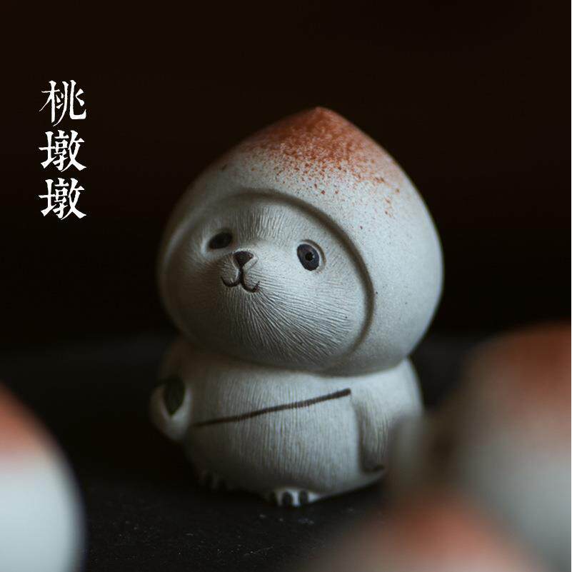 紫砂茶宠熊猫小摆件寿桃子盖置托创意茶玩手工桃墩墩茶具陶瓷配件