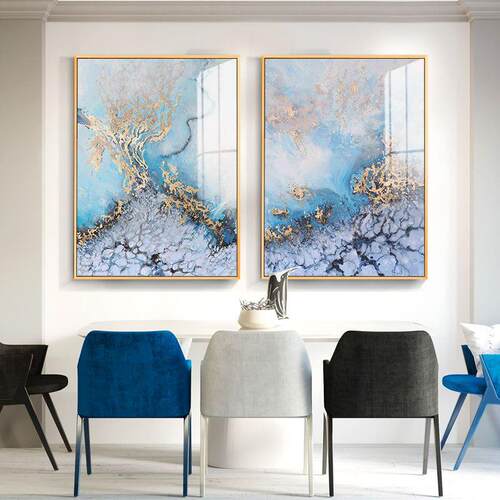 新款直销轻奢客厅装饰画抽象现代装饰画蓝色金箔晶瓷画餐厅玄关背