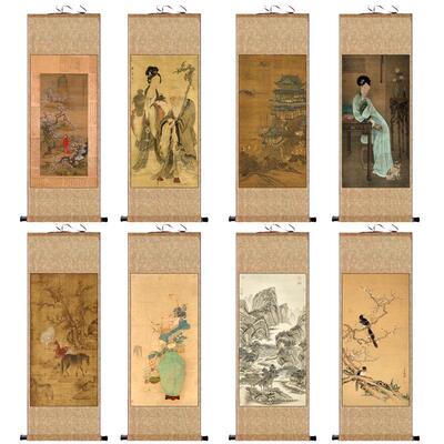 麻姑献寿白描新款图清代字画春山游骑图彷古名家人物画丝绸卷轴