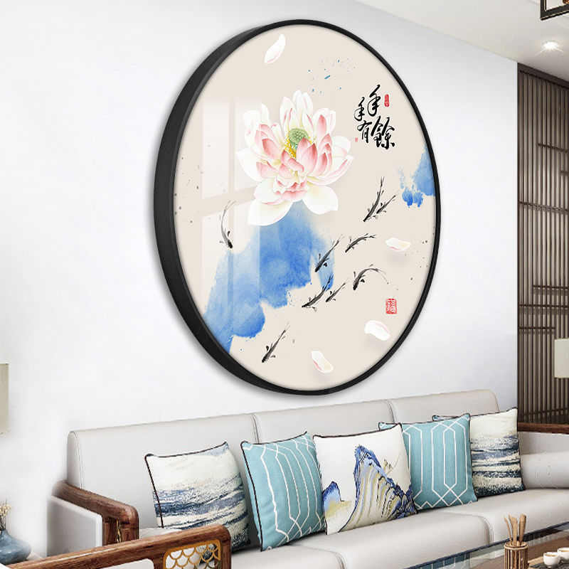 新中式圆形玄关酒店走廊过道九鱼图寓意好进门挂画锦鲤装饰画图片