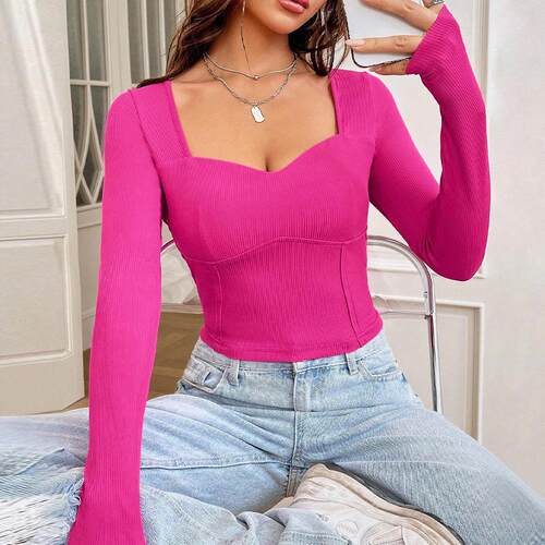 Women's short long sleeved T-shirt pink top
