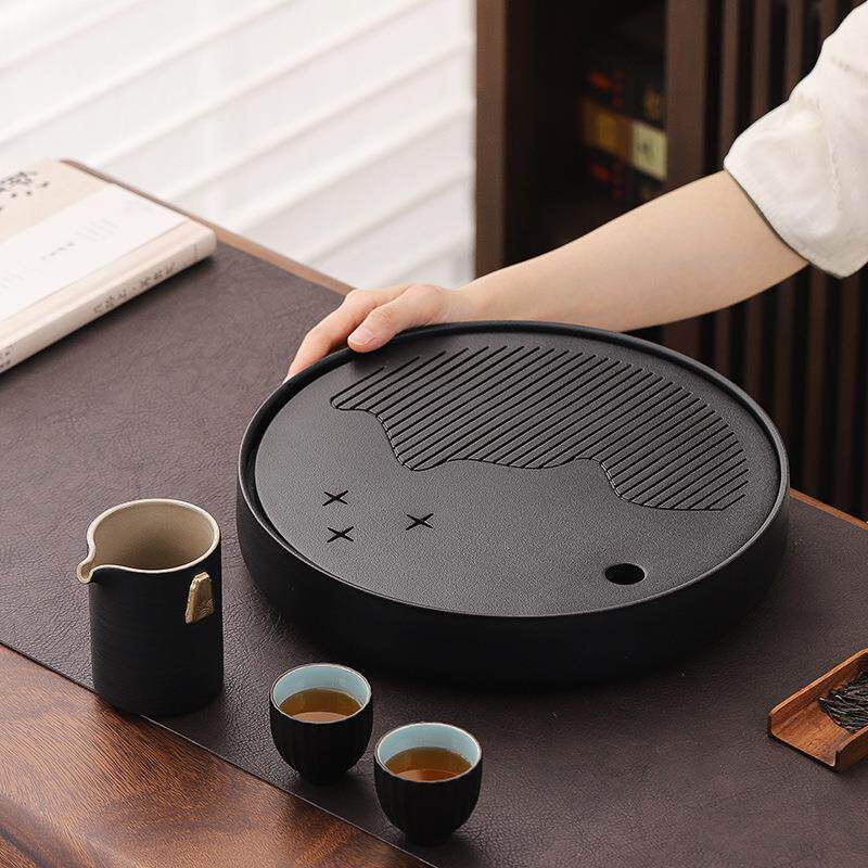 日式茶盘大号干泡盘茶台家用全陶瓷简约储水盘圆形办公室茶托茶海