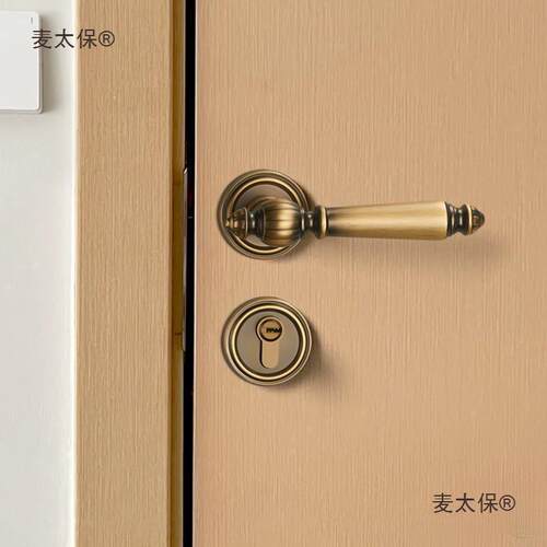 室内木门锁法式黄古铜门锁房间复古门把手美式磁吸静音分体麦太保