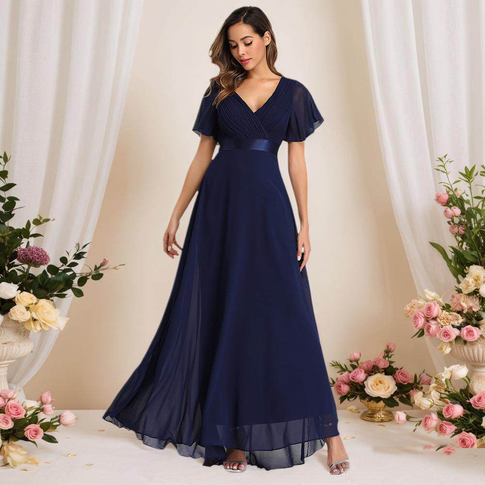 Vneck A-Line Pleated Shortsleeve Chiffon Tie-Waist For - 实物图