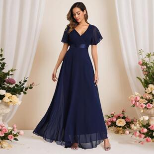 Vneck A-Line Pleated Shortsleeve Chiffon Tie-Waist For