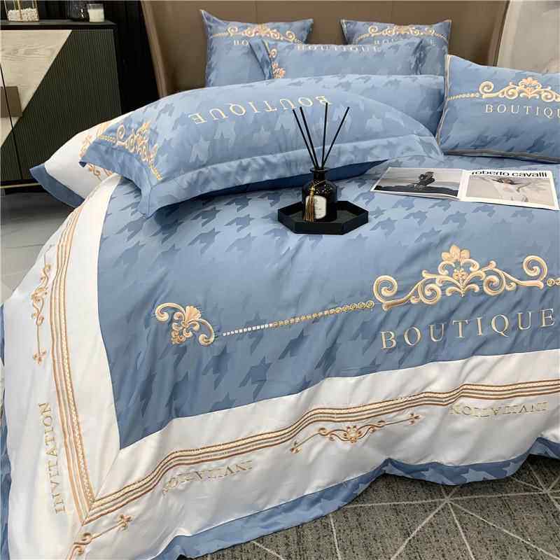 高档轻奢风缎贡纯棉四花件套简约提刺绣全棉被套床笠欧式冰丝床上