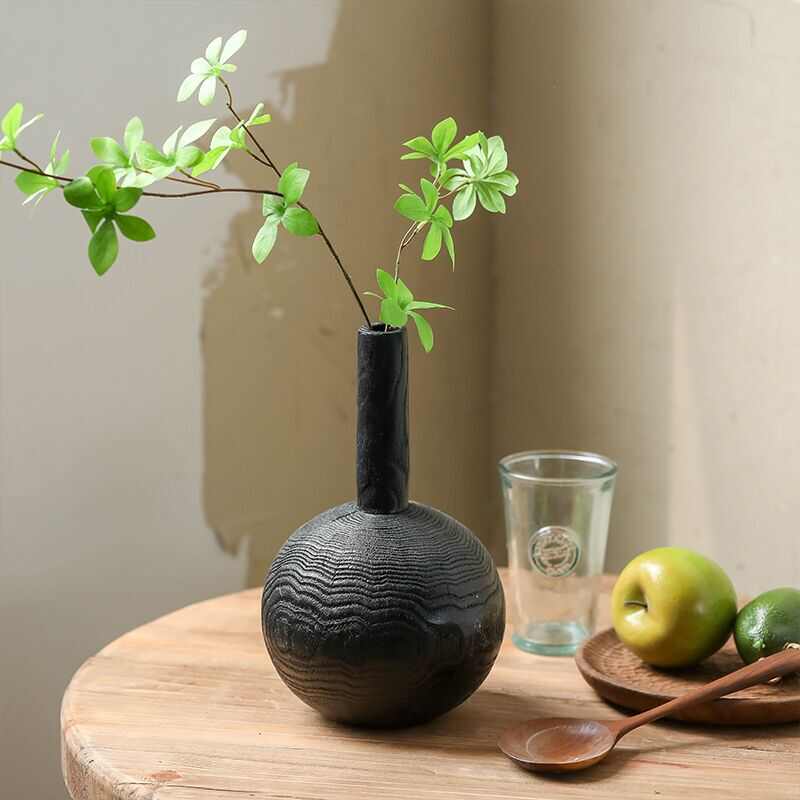 圆黑色寂风 肚实木旧复古细口批发摆件家居花瓶花插圆球侘做