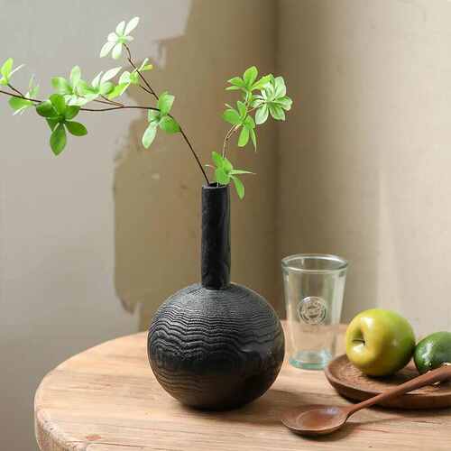 圆黑色寂风 肚实木旧复古细口批发摆件家居花瓶花插圆球侘做