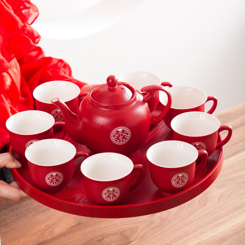 嫁妆茶具陶瓷红婚礼茶杯茶壶婚礼礼品高端红茶套装礼盒