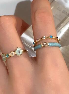 蓝色滴油锆石花朵开口戒指女轻奢感气质显白优雅百搭指环戒子