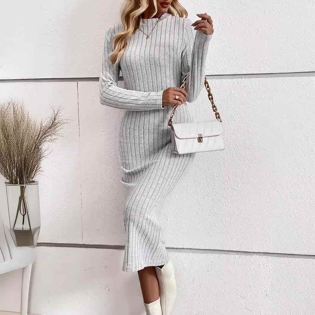 sexy autumn dresses color sweater elastic lapel solid long