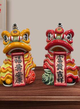 美陶《狮舞升平》石湾公仔 客厅电视柜中式陶瓷醒狮工艺礼品摆件