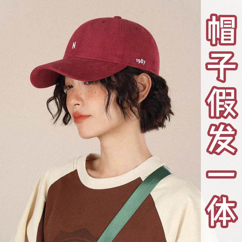 帽子假发一体彷真短卷发女棒球大头围鸭舌百搭时尚自然短发全头套
